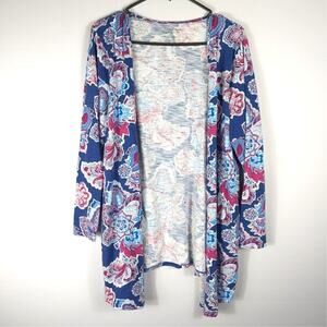 Chicos Ultimate Tee Cardigan Size 2 Open Front Floral Print Blue Pink Modal